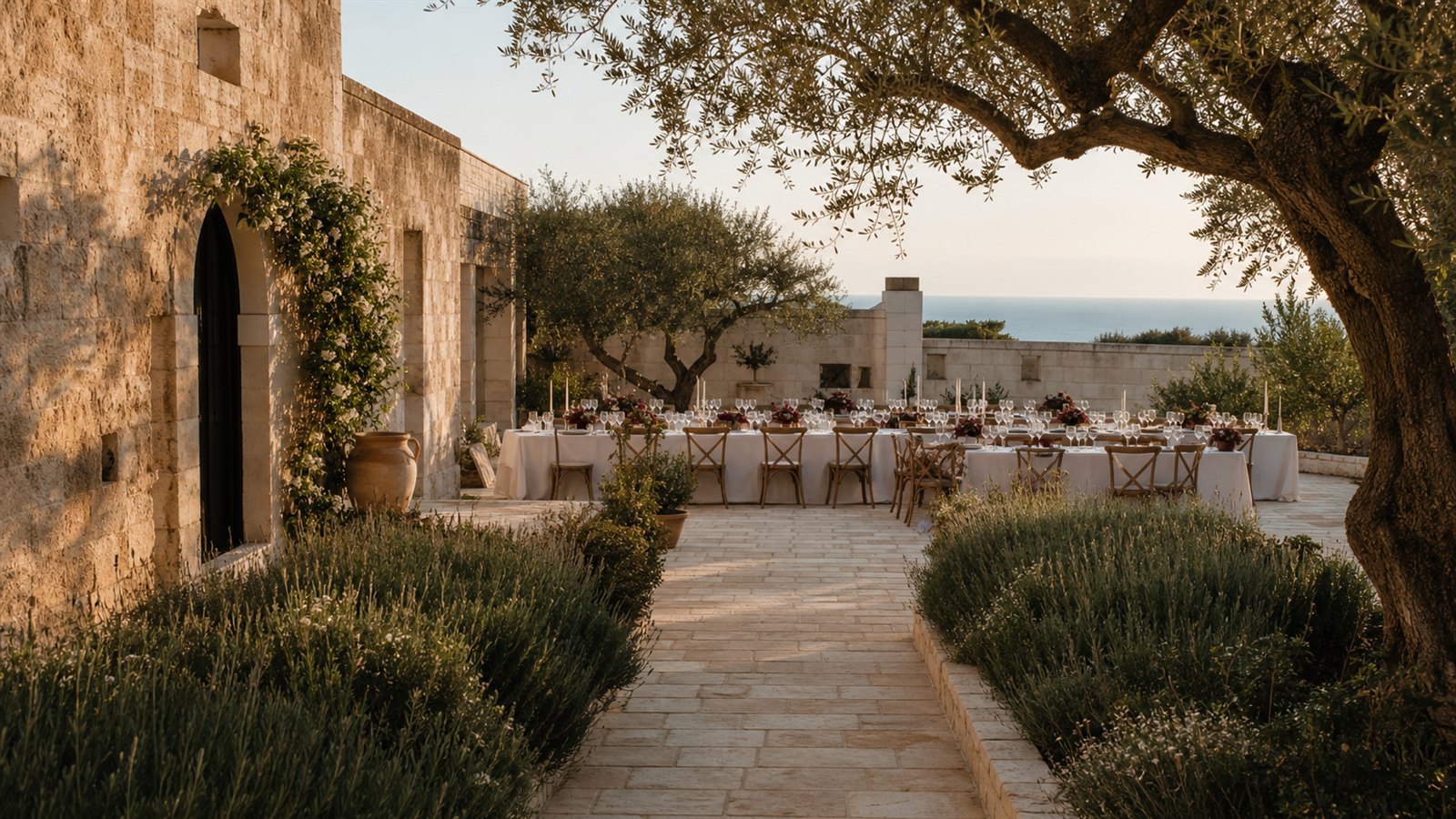 Mediterranean wedding courtyard prepared for Olivia and James